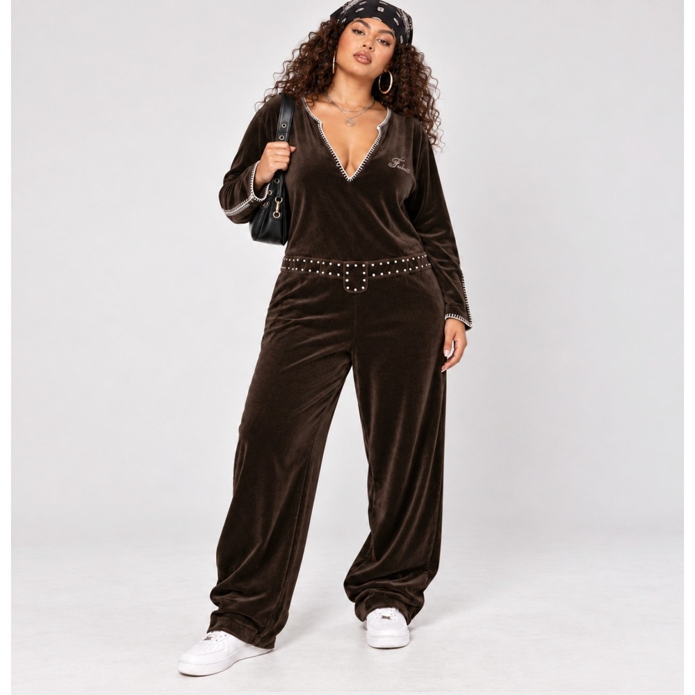 Vintage Y2K Brown Velour FUBU Jumpsuit One piece 3X Streetwear Glam Hip Hop